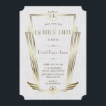 Convite Real Dourada Deco Monograma de Arte Branca<br><div class="desc">Convite para Solteiro de Deco Monograma de Arte Branca Real Dourada. Único Glam, design de cartão Vintage com forma falsa de arte dourada com uma crista para suas iniciais, falso ouro Fleur-de-lis como uma herança real, um Excelente Rajando 1920 Gatsby, velho estilo Hollywood, fontes maravilhosas sobre um fundo negro. Use...</div>