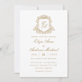 Convite Real Dourado Monograma Crest Casamento