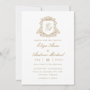 Convite Real Dourado Monograma Crest Casamento
