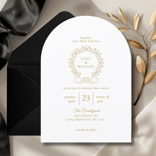 Convite Real, Elegante, Branco, Casamento (Royal, Elegant, Classic, White, Wedding Invitation. Crest, handwriting font.)