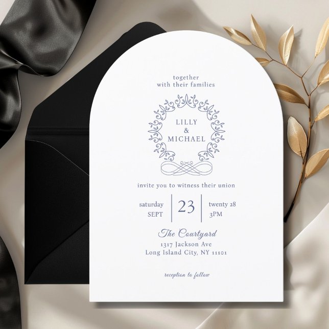 Convite Real, Elegante, Branco, Casamento (Royal, Elegant, White, Wedding Invitation. Crest, handwriting font.)
