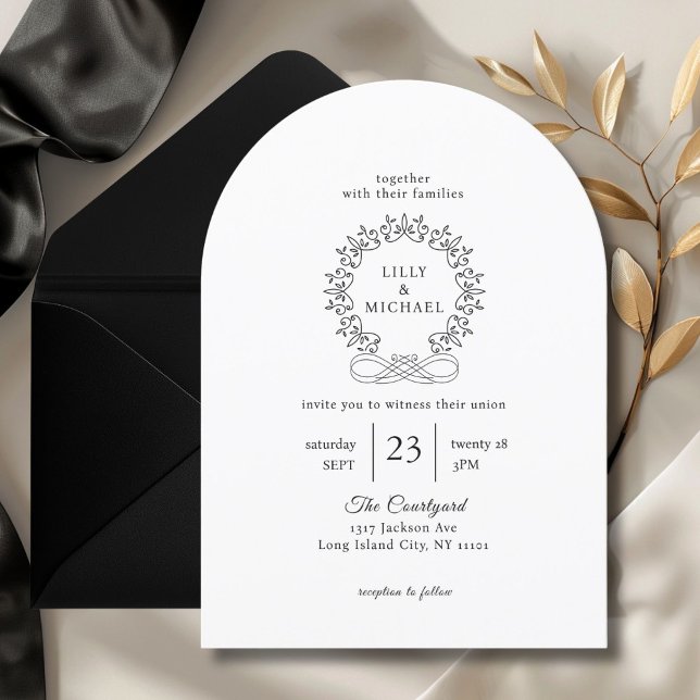 Convite Real, Elegante, Branco, Casamento (Royal, Elegant, Classic, White, Wedding Invitation. Crest, handwriting font.)