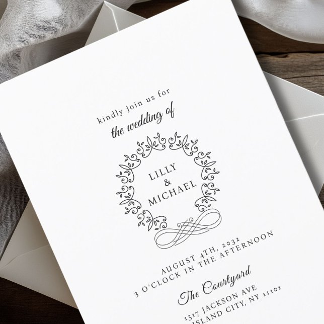 Convite Real, Elegante, Casamento (Royal, Elegant, Classic, White Wedding Invitation with scripted font. Personalized in minutes.)