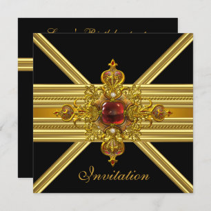 Convite Real Elegante Dourada Joia Vermelha no Partido Neg