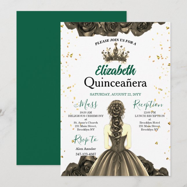 Convite Real Esmeralda Verde Rosa Quinceañera (Frente/Verso)