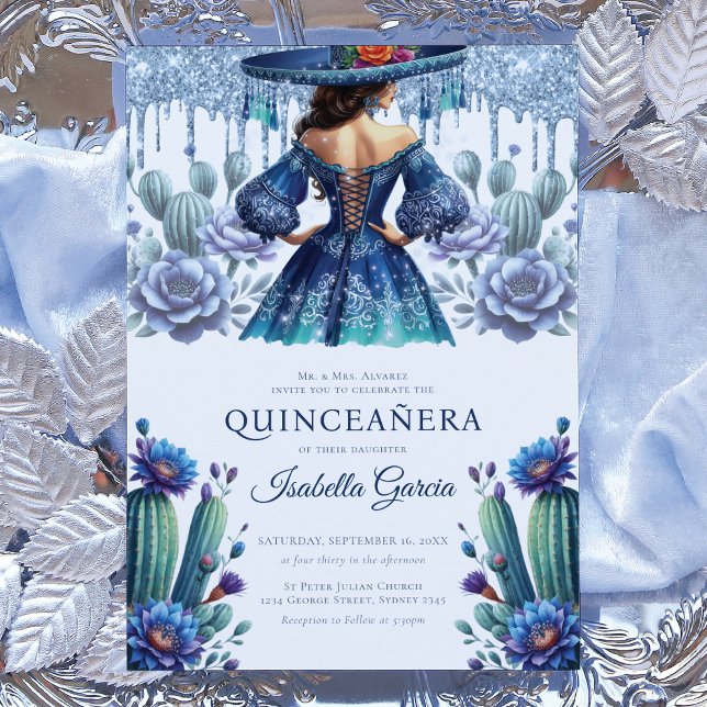 Convite Real Estilo Azul Mexicano Quinceañera (Criador carregado)