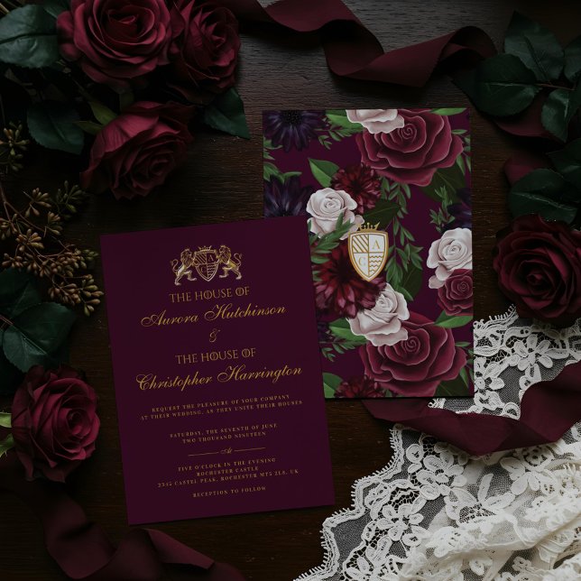 Convite Real Muse Medieval Fantasy Plum Floral Weding (Royal Muse Medieval Fantasy Plum Floral Wedding Invitation)