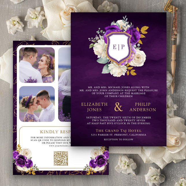 Convite Real Purple Floral Código QR Foto Crest Casamento (Criador carregado)