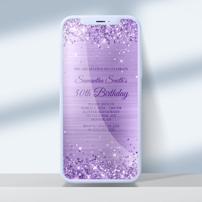 Convite Real Purple Glitter Ametimst Foil 50º Aniversário (Criador carregado)