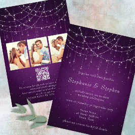 Convite Real Purple String Lights 3 Photo QR Code Casament