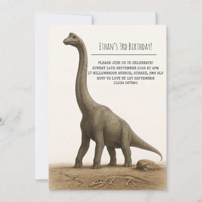 Convite Realistic Sauropod Dinosaur with Fossils Birthday (Frente)