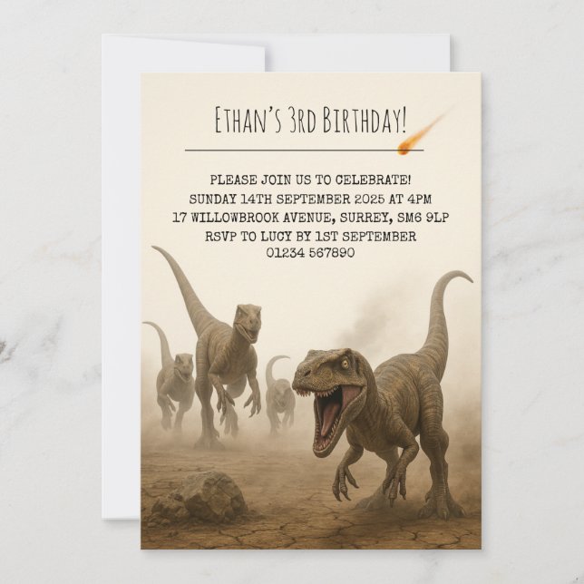 Convite Realistic Velociraptor Pack with Meteor Birthday (Frente)
