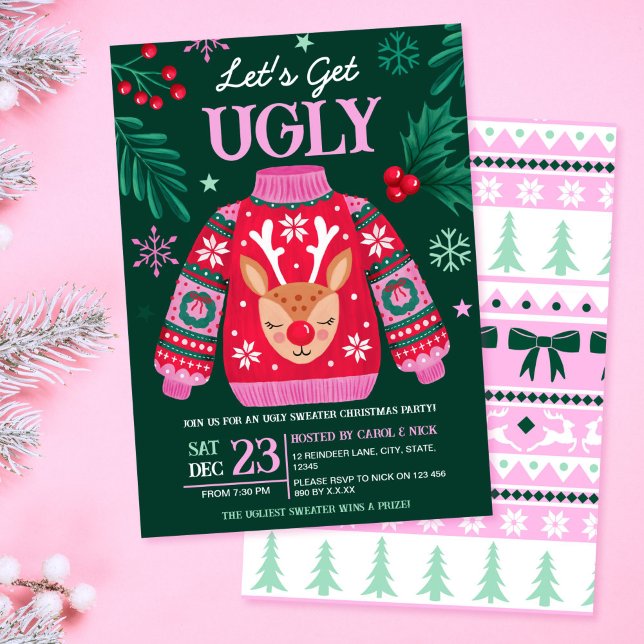 Convite Rebelde do Festa de Natal de Sweater e Holly (Ugly Sweater Christmas Party Reindeer and Holly Invitation)