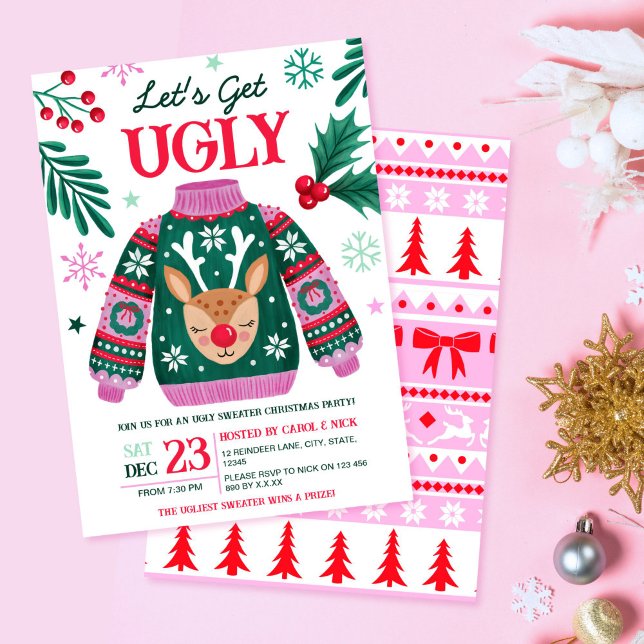Convite Rebelde do Festa de Natal de Sweater e Holly (Ugly Sweater Christmas Party Reindeer and Holly Invitation)