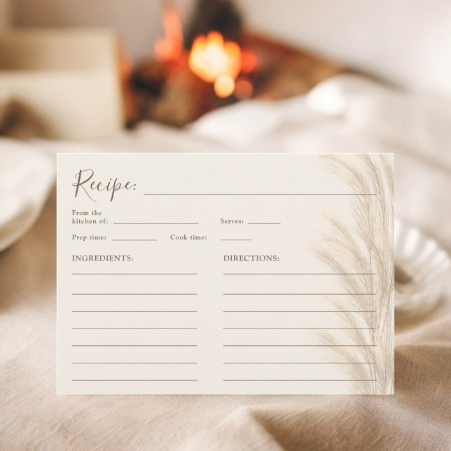 Convite Receita de casamento boho bege de grama de pampas  (Boho beige pampas grass watercolor bridal recipe invitation)