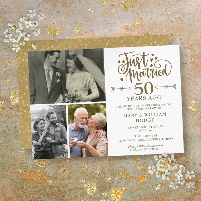 Convite Recem casados 50º aniversário de casamento 3 Foto (Just Married 50th Wedding Anniversary 3 Photo Invitation)