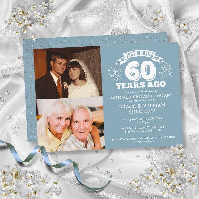 Convite Recem casados 60º Aniversário de Casamento 2 Foto (Just Married 60th Wedding Anniversary 2 Photo Invitation)