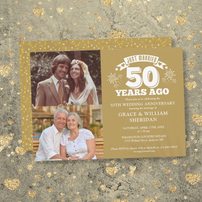 Convite Recem casados Dourado 50º Aniversário de Casamento (Gold Just Married 50th Wedding Anniversary 2 Photo Invitation)