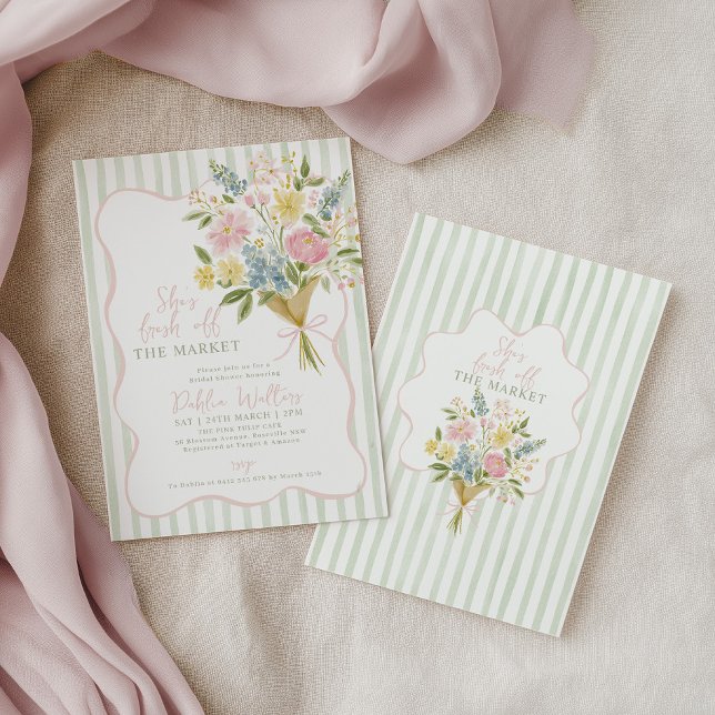 Convite Recém-saído do Mercado Chá de Noiva Flores do Camp (She's fresh off the market! Green stripe floral bouquet bridal shower invitation )