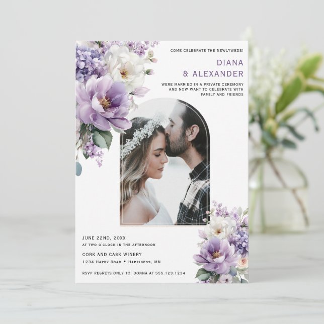 Convite Recepção apenas com Floral de Lavanda Elegante | (Em pé/Frente)