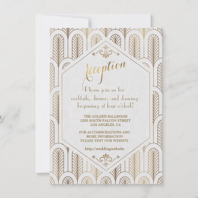Convite Recepção Art Deco Great Gatsby em Branco e Dourado (Frente)