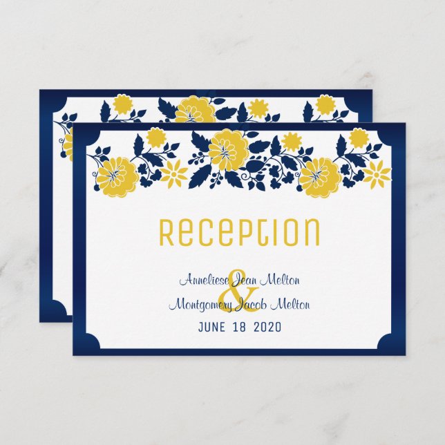 Convite Recepção - azul marinho e casamento floral amarelo (Frente/Verso)