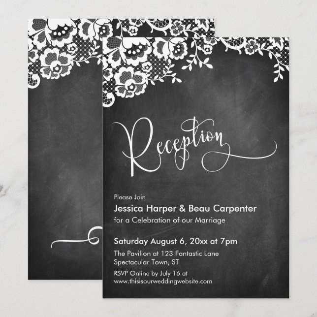 Convite Recepção Caligrafia Quadro Negro & Renda Casamento (Frente/Verso)