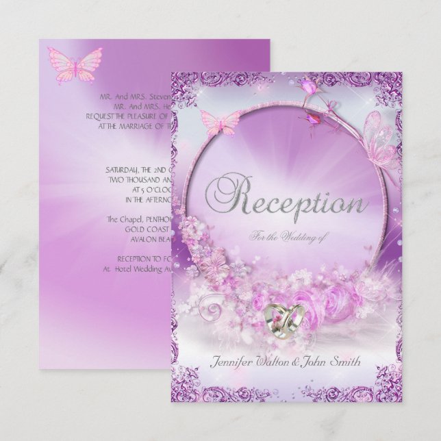 Convite Recepção Casamento Rosa Lilás Anéis Borboleta (Frente/Verso)