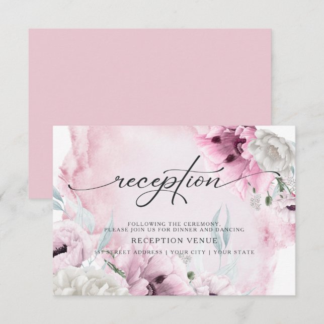 Convite Recepção de Aquarela Papoulas Rosa Rústico (Frente/Verso)