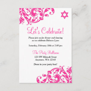 Convite Recepção de Bat Mitzvah Flourish, Rosa-Quente Eleg