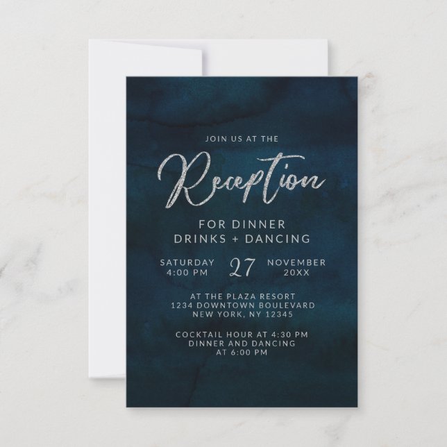Convite Recepção de Casamento Aquarela Azul Escuro Navy Lu (Frente)