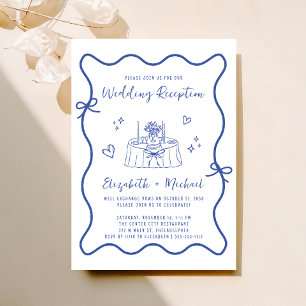 Convite Recepção de casamento Azul Desenhada à Mão Branca