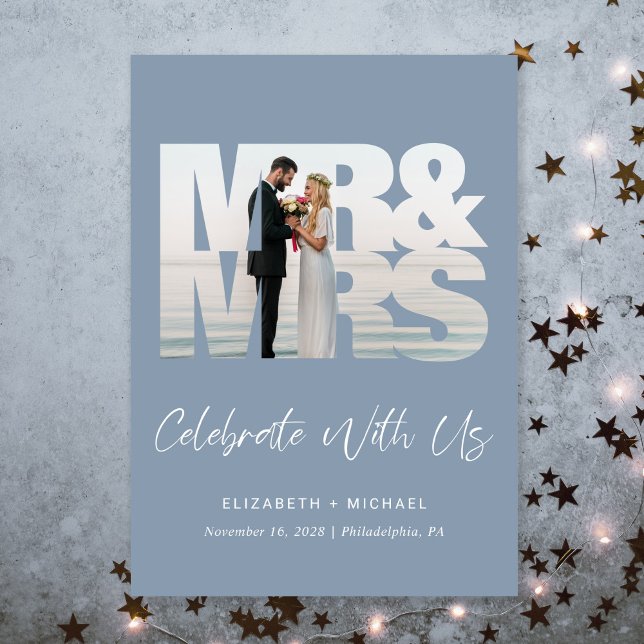 Convite Recepção de casamento Azul Dusty com Foto Chic (A chic wedding reception invitation to set the tone for an unforgettable event)