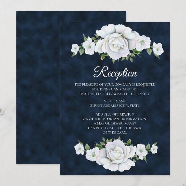 Convite Recepção de Casamento Azul Marinho com Floral Bran (Frente/Verso)