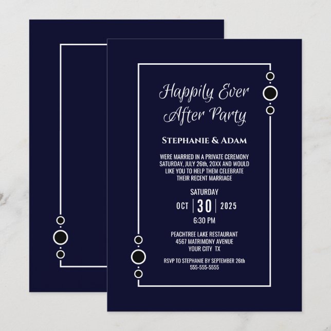 Convite Recepção de Casamento Azul Marinho Felizes para Se (Frente/Verso)