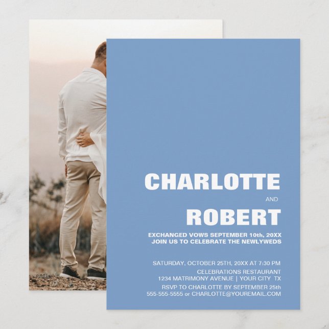 Convite Recepção de Casamento Azul Moderno (Frente/Verso)