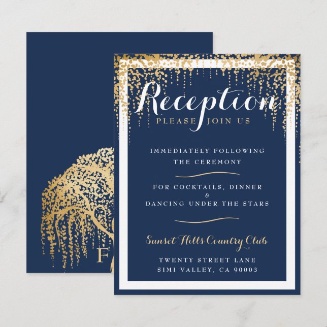 Convite Recepção de Casamento Blue Gold da Árvore de Salgu (Frente/Verso)