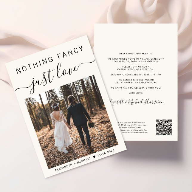 Convite Recepção de casamento casual de código QR de foto  (Elegant all-in-one wedding invite featuring your photo + a QR code linked to your wedding website)