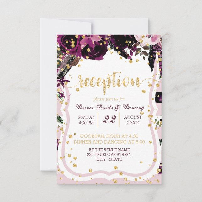 Convite Recepção de Casamento Chic Floral Roxo Dourado Con (Frente)