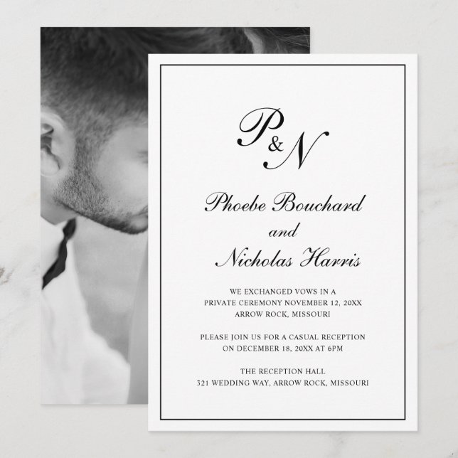 Convite Recepção de Casamento Clássica em Preto e Branco (Frente/Verso)