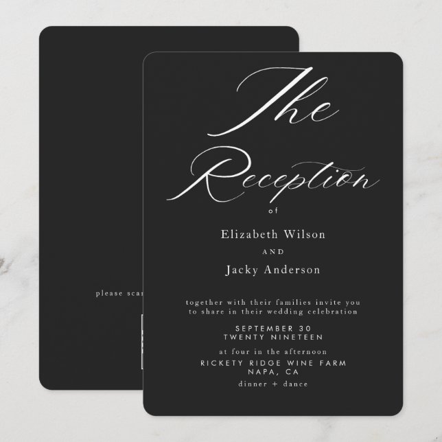 Convite Recepção de casamento clássico e elegante preto e  (Frente/Verso)
