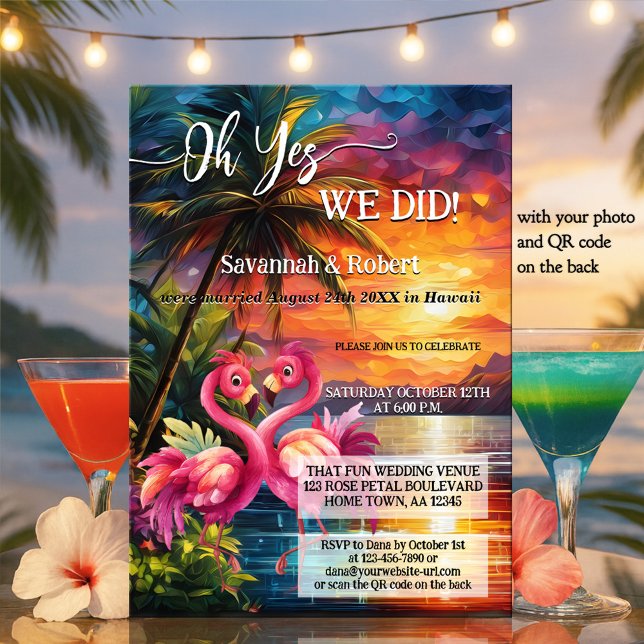 Convite Recepção de Casamento Colorida Foto de Flamingo Tr (Elopement wedding reception invitation featuring a fun tropical sunset scene with two flamingos)