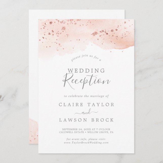 Convite Recepção de Casamento com Aquarela em Rose Gold (Frente/Verso)