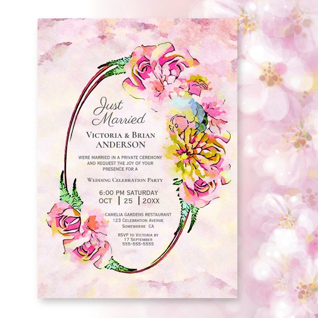 Convite Recepção de Casamento com Aquarela Floral Rosa (Criador carregado)