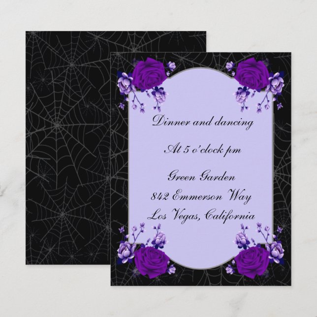 Convite Recepção de Casamento com Aranha de Flor Rosa Roxa (Frente/Verso)