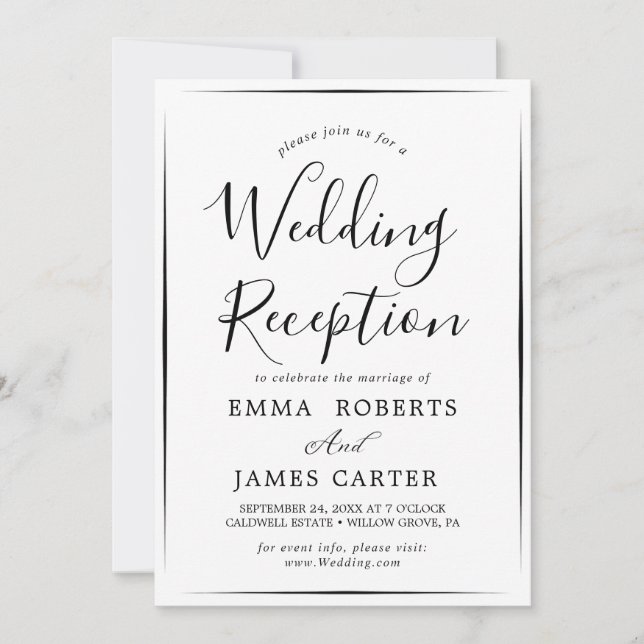 Convite Recepção de Casamento com Caligrafia Preta Delicad (Frente)