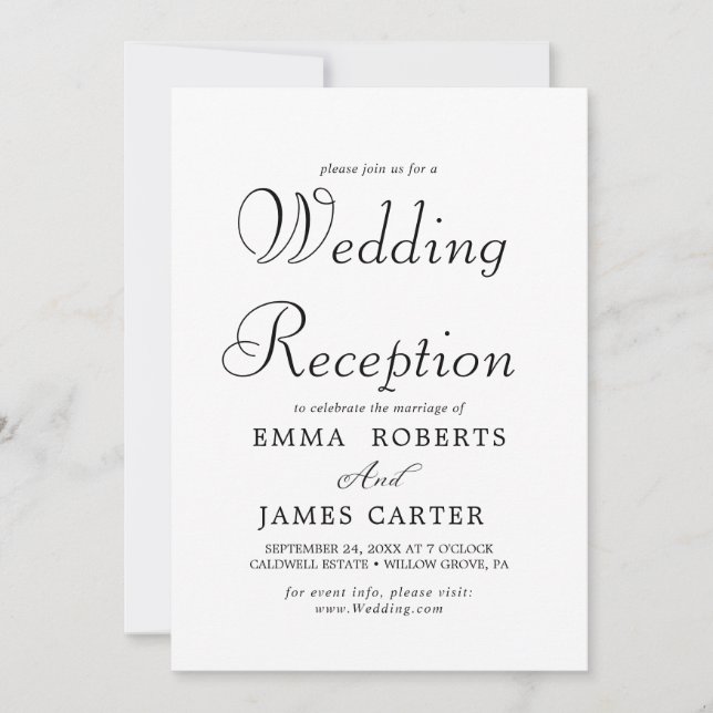 Convite Recepção de Casamento com Caligrafia Preta Delicad (Frente)
