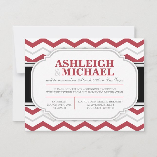 Convite Recepção de Casamento com Chevron Cinza e Vermelho (Frente)