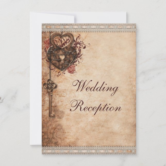 Convite Recepção de Casamento com Corações Antigos e Chave (Frente)