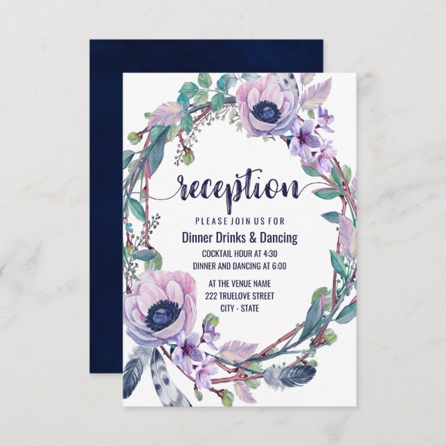 Convite Recepção de Casamento com Coroa Floral e de Penas  (Frente/Verso)